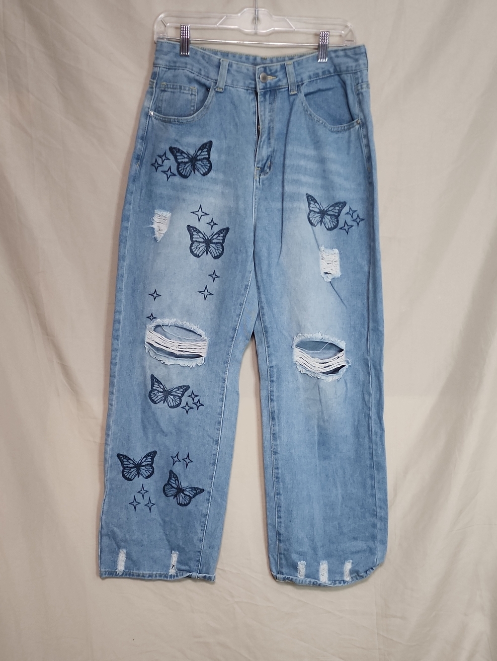 SHEIN Light Blue Distressed Boyfriend Jeans with Butterfly Print